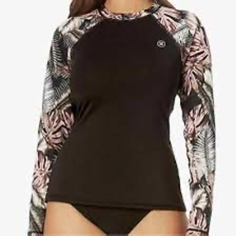 Women's Hurley Long-sleeve Rash Guard Large Black Floral Swim UPF 50+ Beach